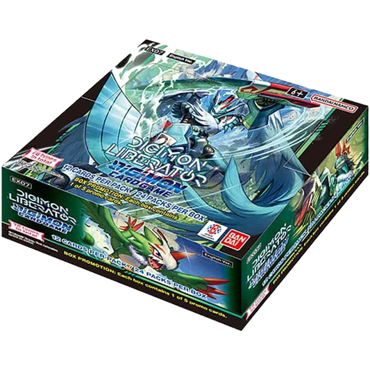 A Digimon Liberator booster box featuring artwork of a digital monster on the packaging.