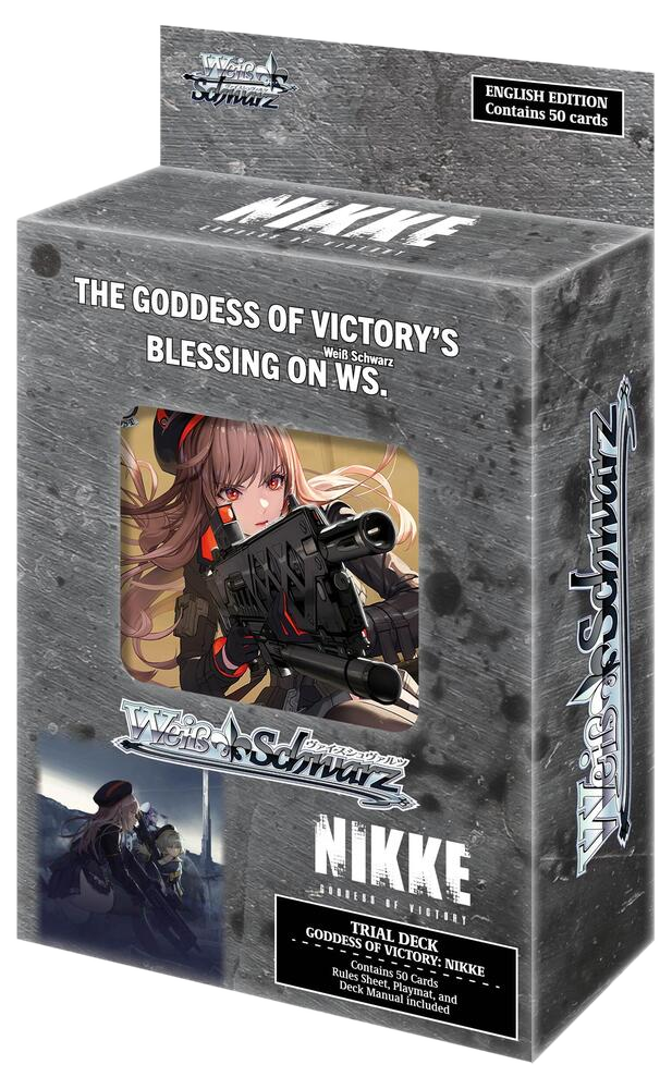 A Goddess of Victory: NIKKE trial deck box featuring character artwork and Weiss Schwarz branding.