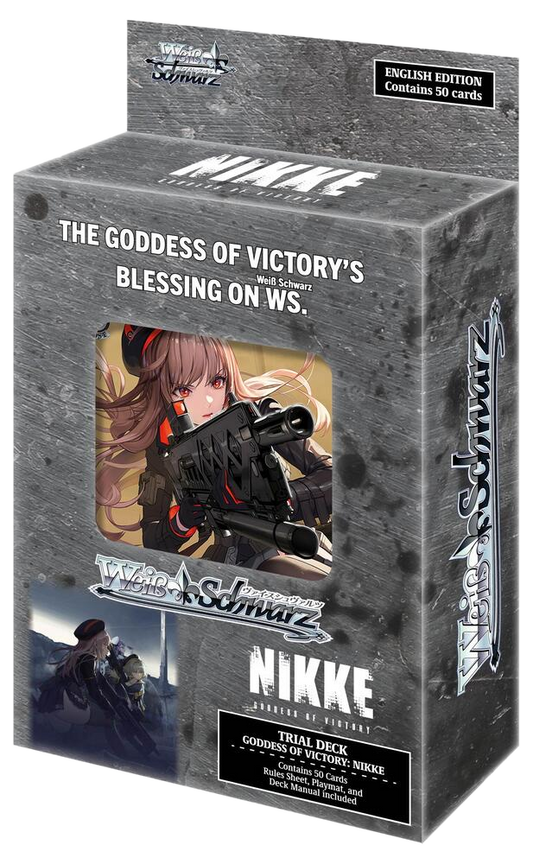 A Goddess of Victory: NIKKE trial deck box featuring character artwork and Weiss Schwarz branding.