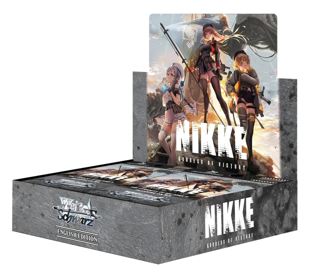 A Weiss Schwarz booster box featuring Goddess of Victory: Nikke character artwork.