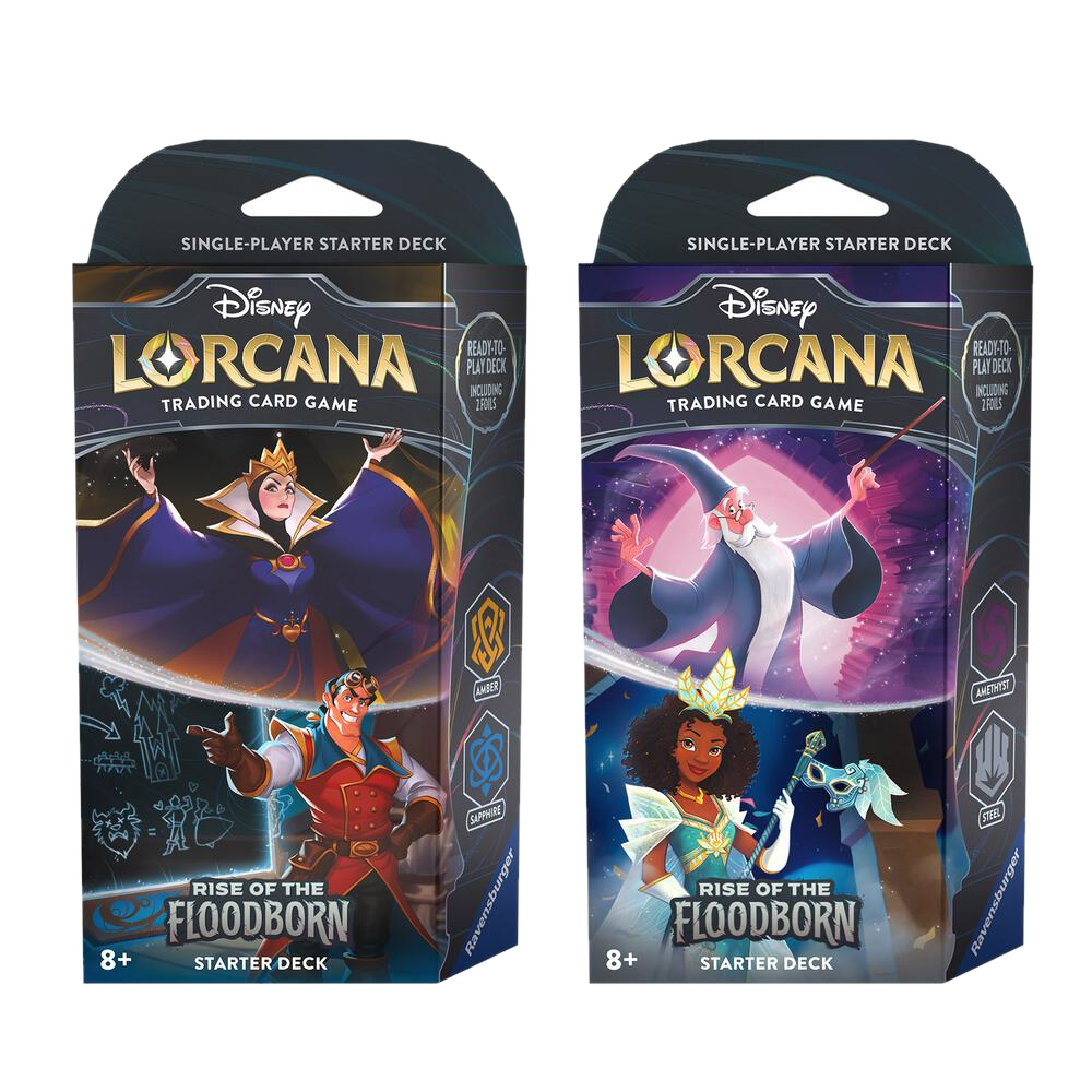 Two Disney Lorcana Rise of the Floodborn starter decks featuring different character artwork.
