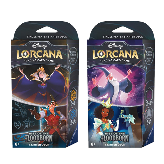 Two Disney Lorcana Rise of the Floodborn starter decks featuring different character artwork.