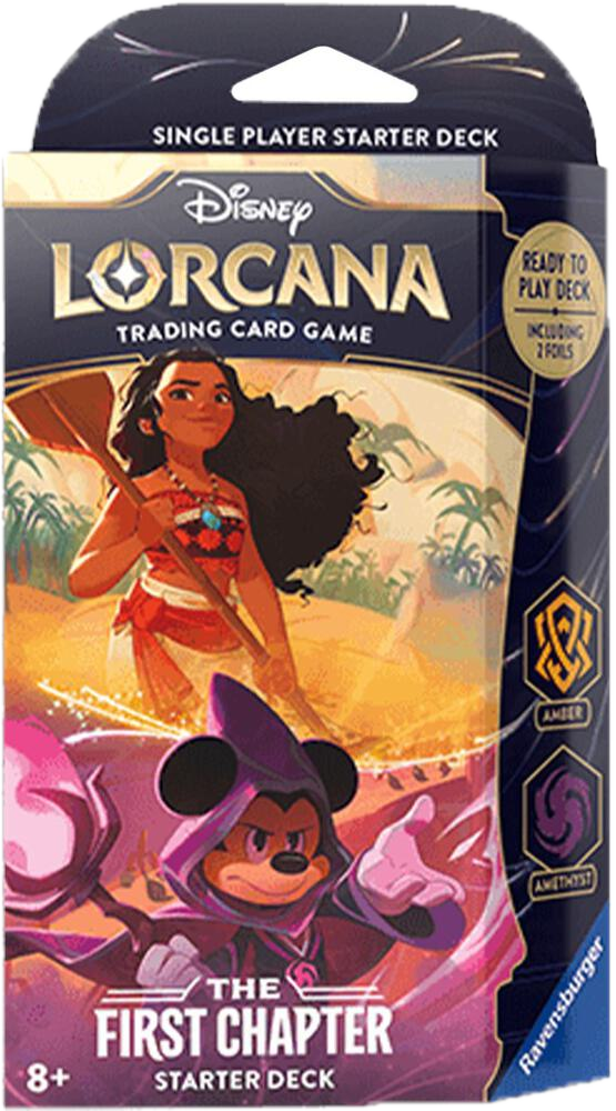 Disney Lorcana The First Chapter starter deck featuring Moana and Mickey Mouse in Amber and Amethyst.