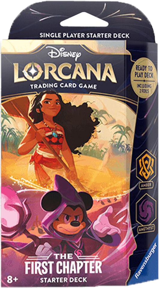 Disney Lorcana The First Chapter starter deck featuring Moana and Mickey Mouse in Amber and Amethyst.