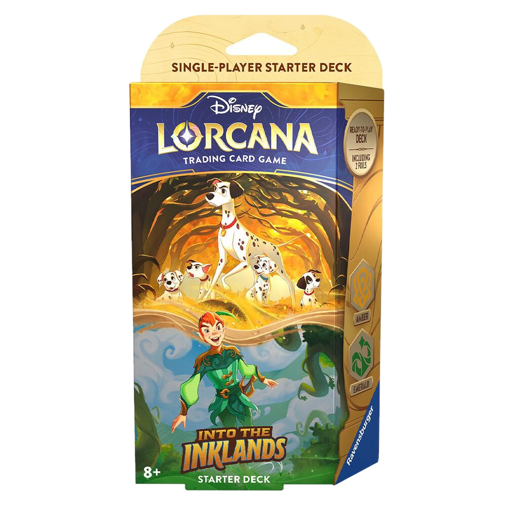 Disney Lorcana Into the Inklands Amber and Emerald starter deck box featuring Pongo and Peter Pan.