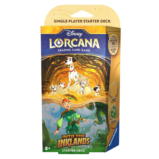 Disney Lorcana Into the Inklands Amber and Emerald starter deck box featuring Pongo and Peter Pan.