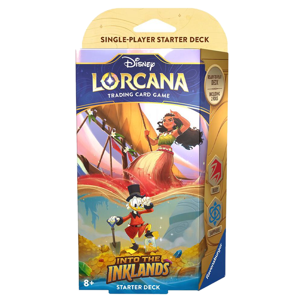 Disney Lorcana Into the Inklands Ruby and Sapphire starter deck box featuring Moana and Scrooge.