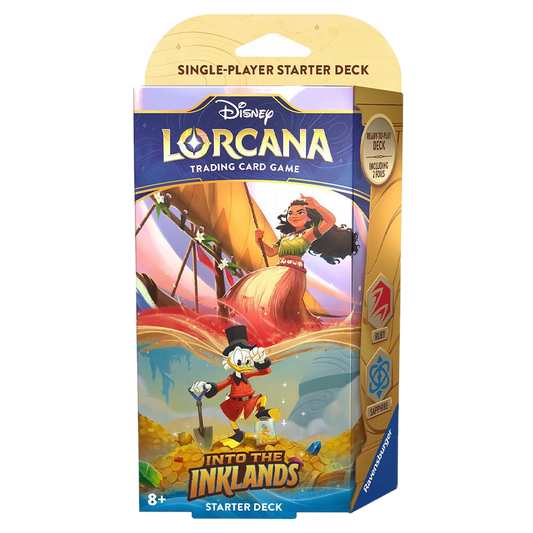 Disney Lorcana Into the Inklands Ruby and Sapphire starter deck box featuring Moana and Scrooge.