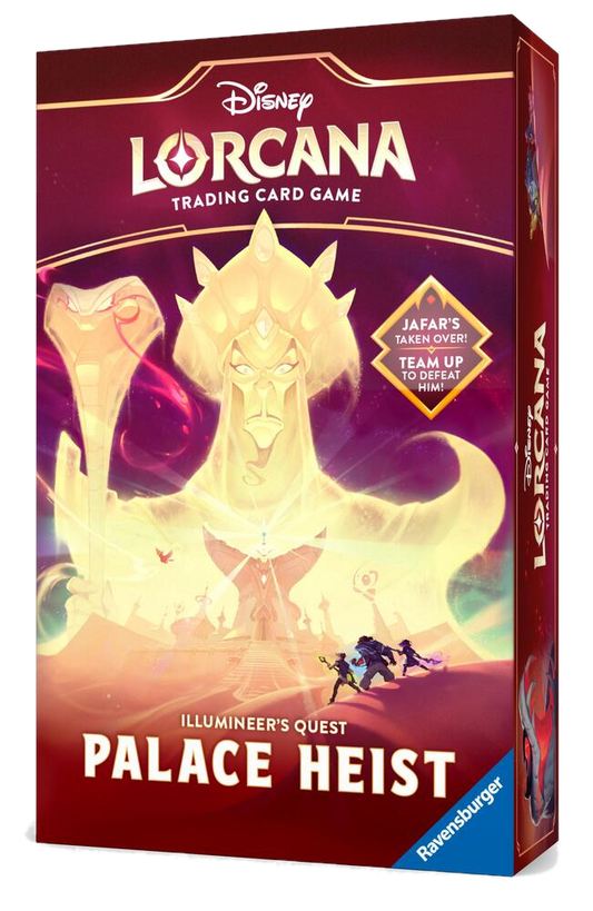 The Disney Lorcana Palace Heist cooperative card game box features a golden Jafar illustration.
