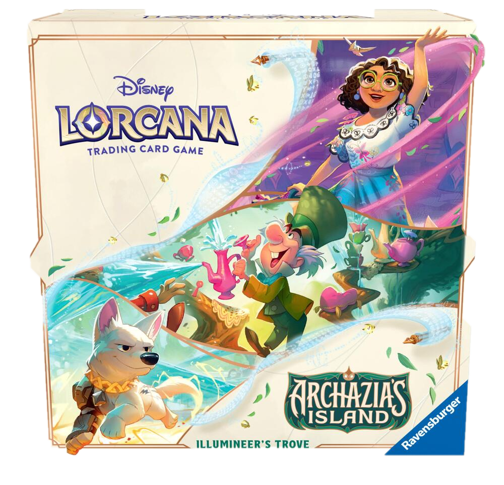 A Lorcana Archazia's Island Illumineer's Trove box featuring Mirabel, the Mad Hatter, and Bolt.