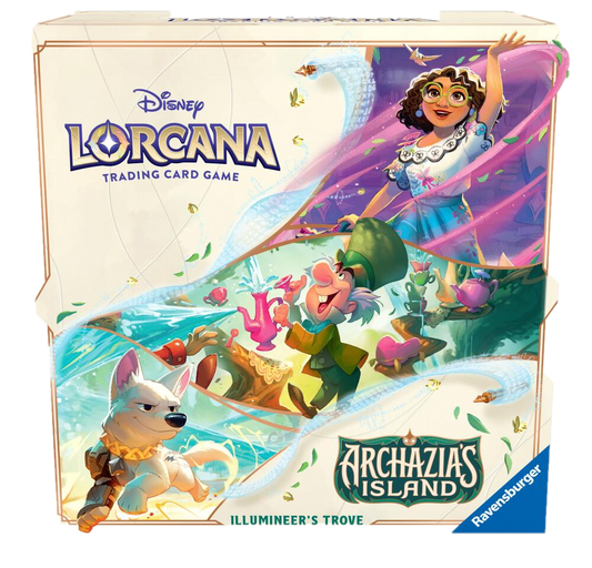A Lorcana Archazia's Island Illumineer's Trove box featuring Mirabel, the Mad Hatter, and Bolt.