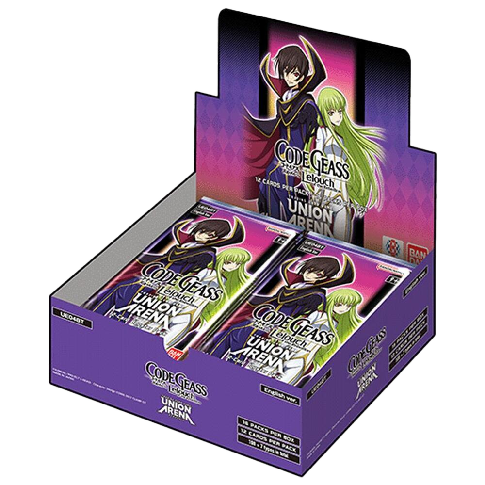 A Code Geass Lelouch of the Rebellion trading card game booster box featuring character art.