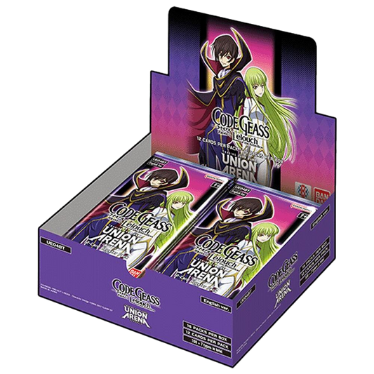 A Code Geass Lelouch of the Rebellion trading card game booster box featuring character art.