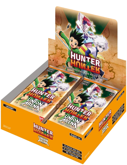 A Hunter x Hunter Union Arena booster box containing sixteen packs of trading cards.