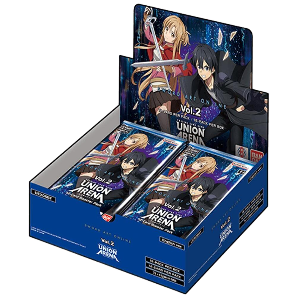 A Sword Art Online Vol.2 Union Arena booster box featuring Kirito and Asuna on the packaging.