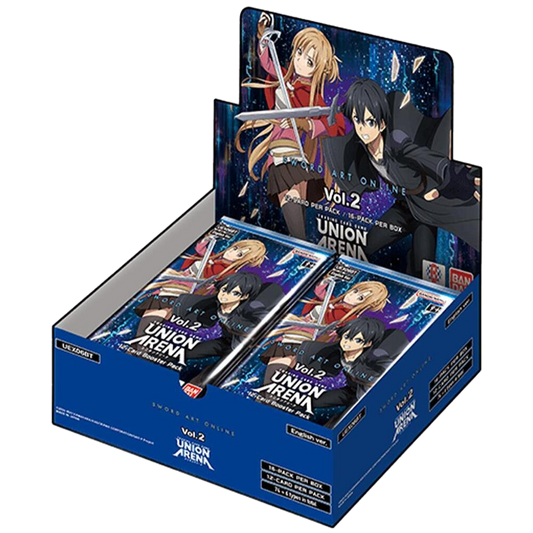 A Sword Art Online Vol.2 Union Arena booster box featuring Kirito and Asuna on the packaging.