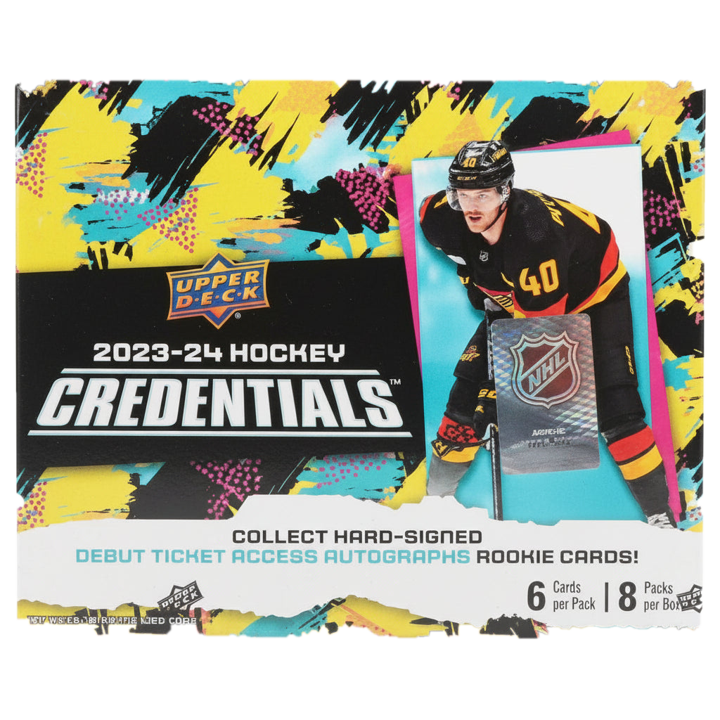 A 2023-24 Upper Deck Credentials hockey hobby box featuring a player on the front.