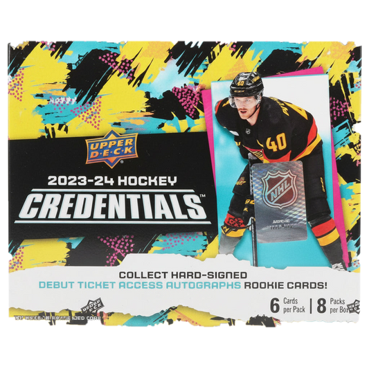 A 2023-24 Upper Deck Credentials hockey hobby box featuring a player on the front.