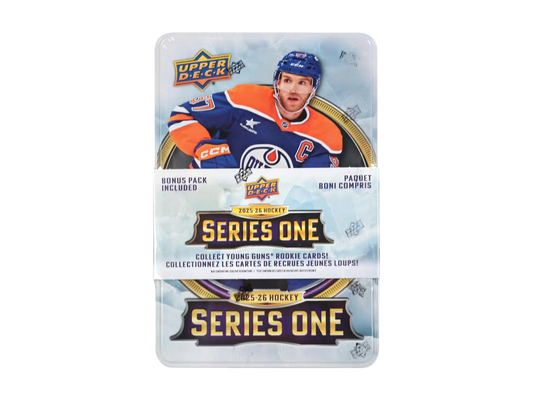 A 2025-26 Upper Deck Series 1 hockey trading card tin featuring Connor McDavid on the cover.