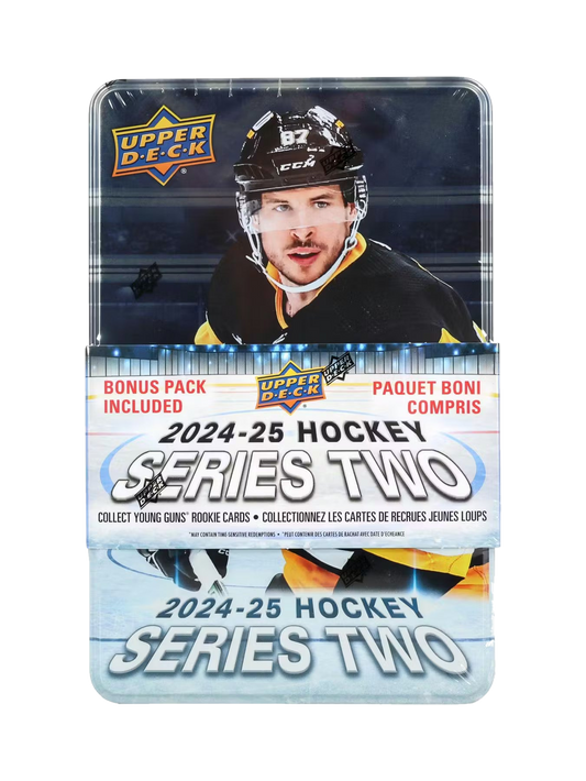 A 2024-25 Upper Deck Series 2 hockey trading card tin featuring Sidney Crosby on the cover.