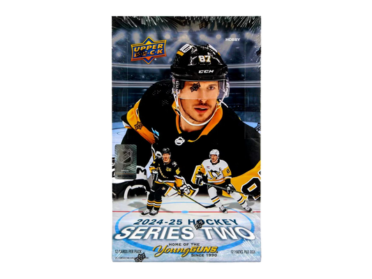 A 2024-25 Upper Deck Series 2 hockey hobby box featuring Sidney Crosby on the packaging.