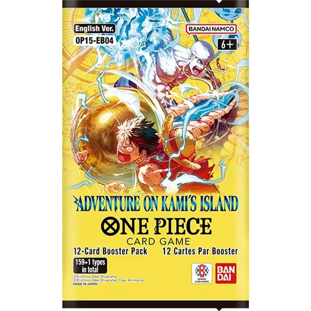 A One Piece Card Game booster pack featuring Luffy and Enel on a yellow background.
