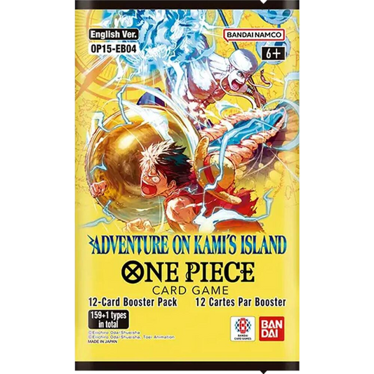 A One Piece Card Game booster pack featuring Luffy and Enel on a yellow background.