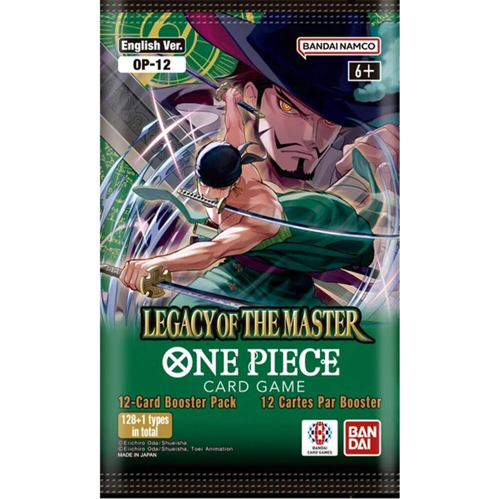 A One Piece Card Game booster pack featuring Zoro and Mihawk on the packaging.