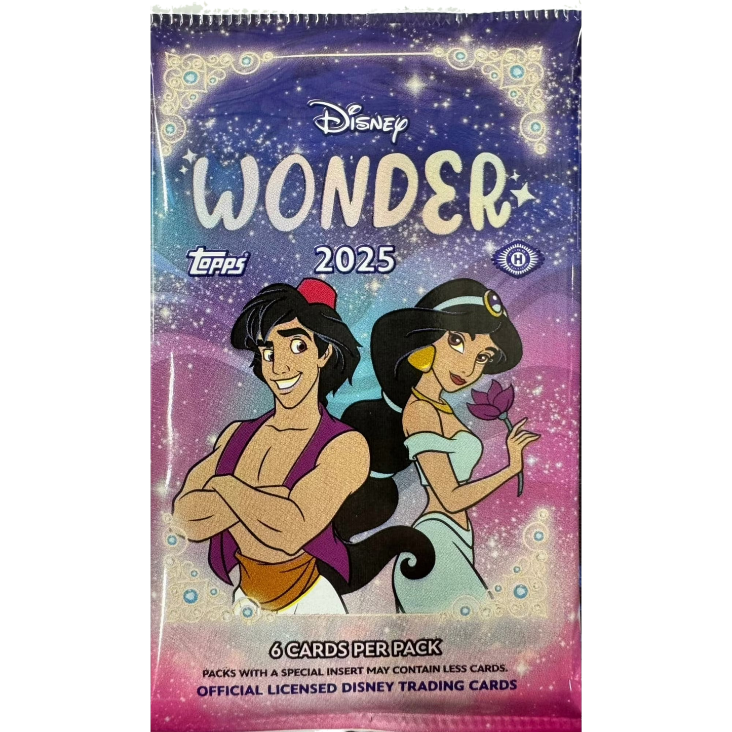 A 2025 Topps Disney Wonder hobby pack featuring Aladdin and Jasmine on the front.