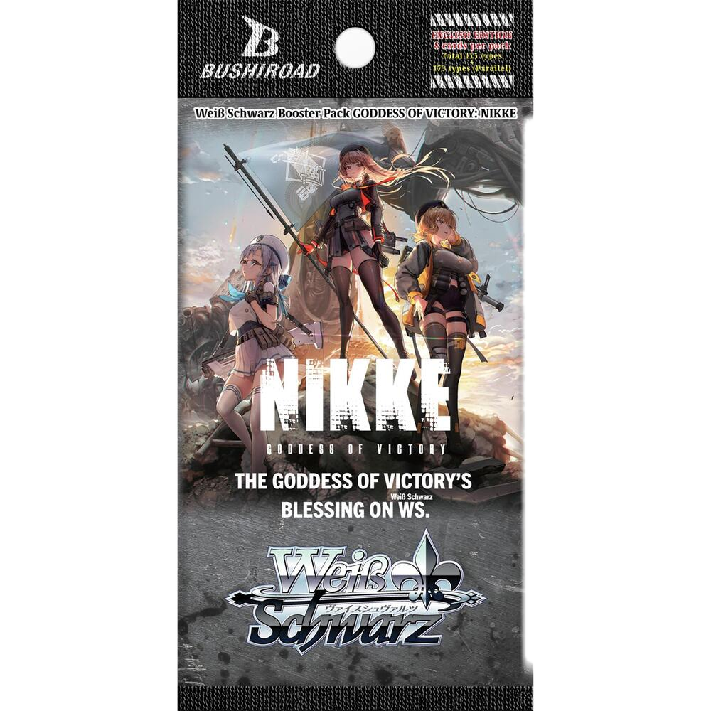 A Weiss Schwarz booster pack featuring Goddess of Victory Nikke character artwork.