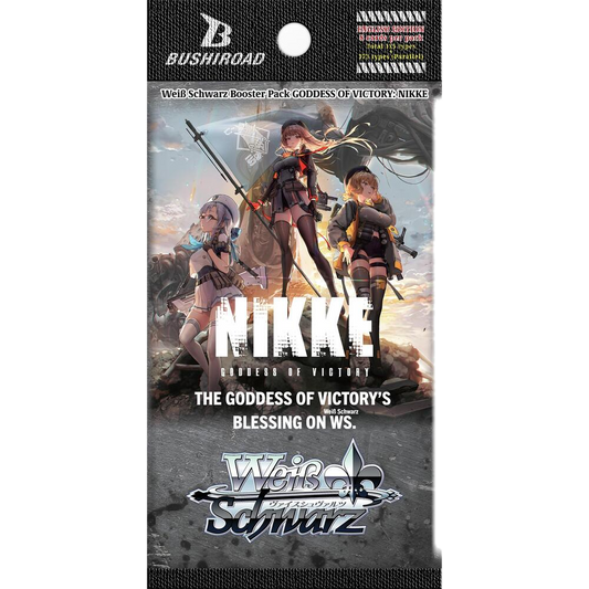 A Weiss Schwarz booster pack featuring Goddess of Victory Nikke character artwork.