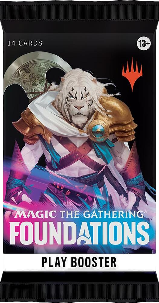 A Magic the Gathering Foundations play booster pack featuring a white tiger warrior illustration.