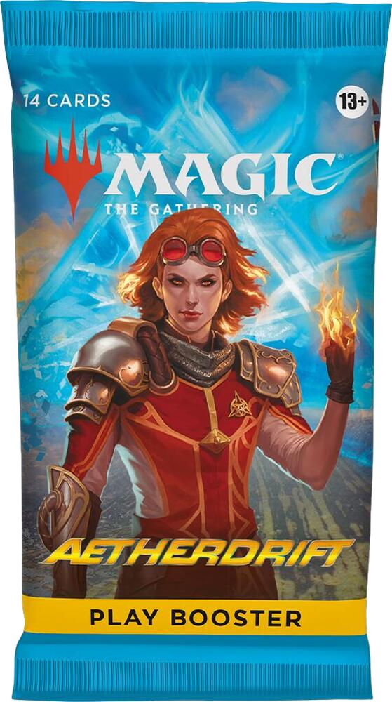 A sealed Aetherdrift Play Booster pack featuring Chandra Nalaar on the front.