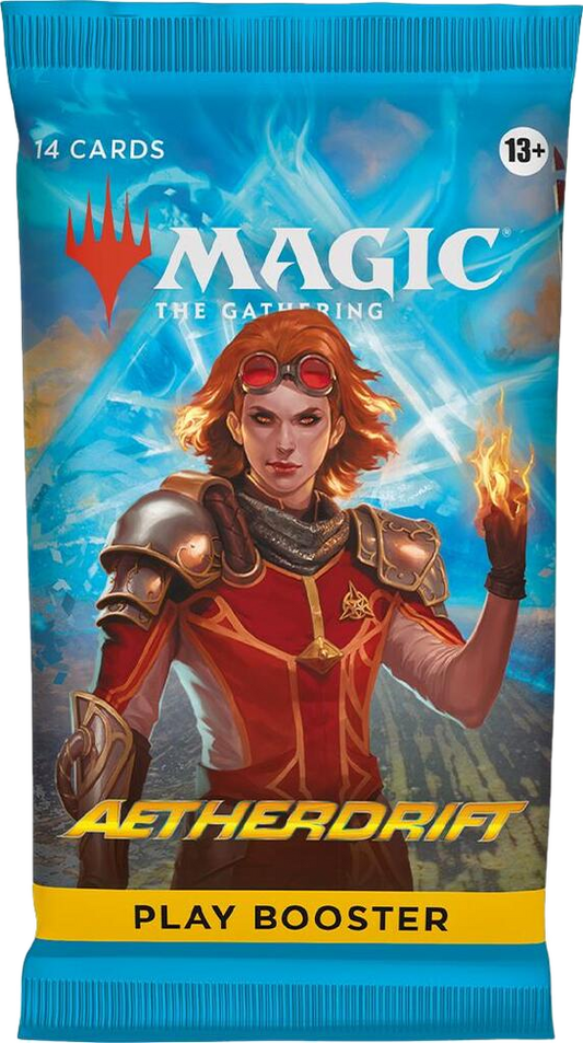 A sealed Aetherdrift Play Booster pack featuring Chandra Nalaar on the front.