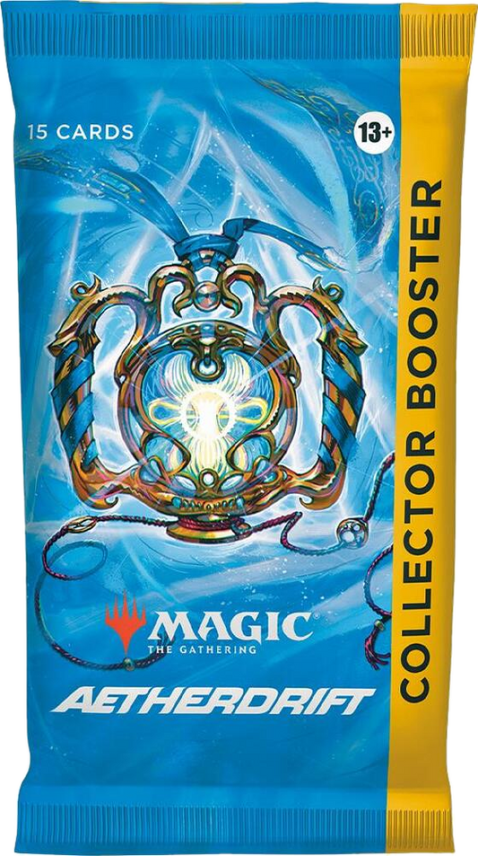 An Aetherdrift Collector Booster pack featuring a blue and yellow design with 15 cards.