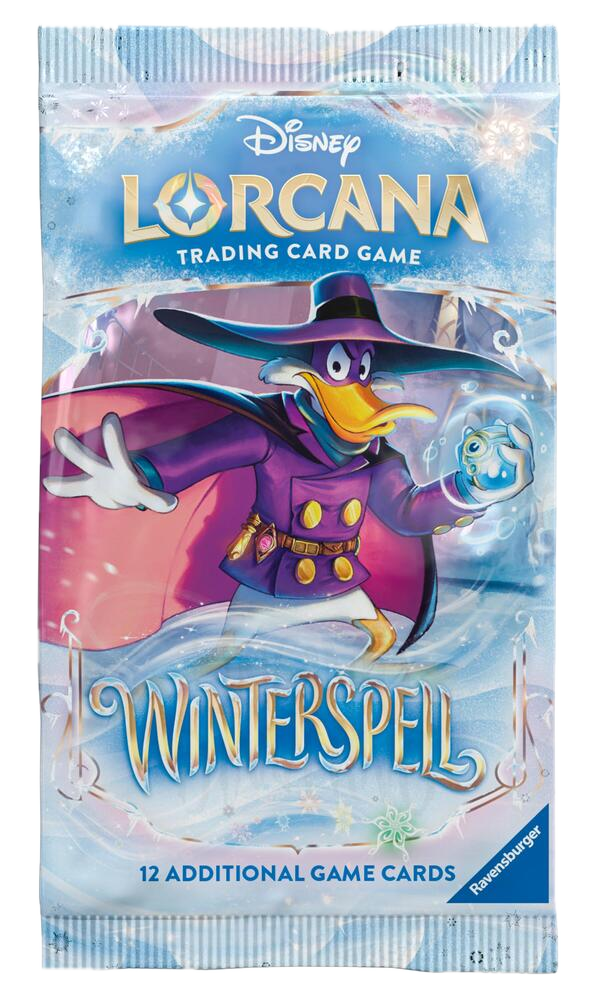 A Disney Lorcana Winterspell booster pack featuring Darkwing Duck on the front.