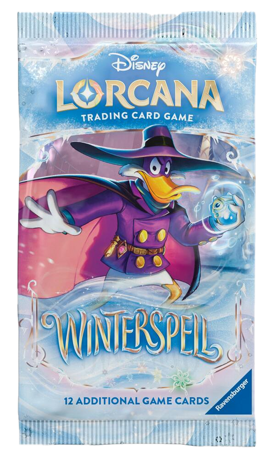 A Disney Lorcana Winterspell booster pack featuring Darkwing Duck on the front.