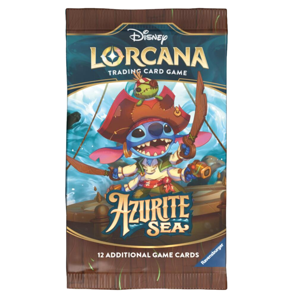 A Disney Lorcana Azurite Sea booster pack featuring Stitch dressed as a pirate.