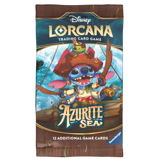 A Disney Lorcana Azurite Sea booster pack featuring Stitch dressed as a pirate.