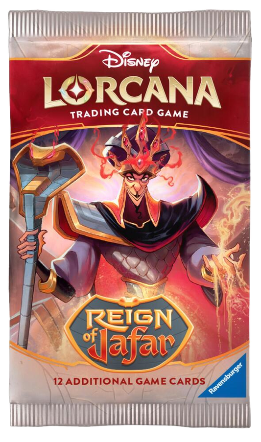 A Disney Lorcana Reign of Jafar booster pack featuring Jafar holding a cobra staff.