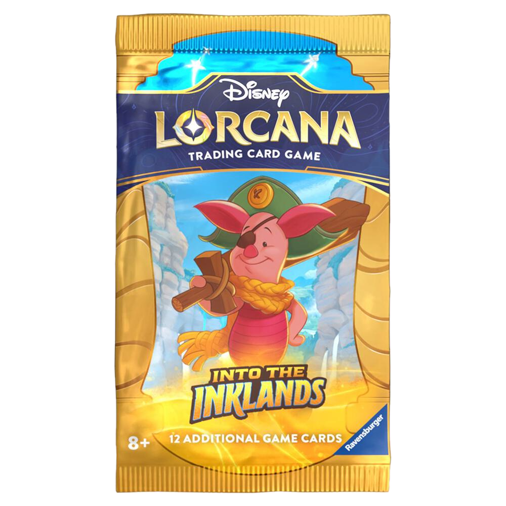 A Disney Lorcana Into the Inklands booster pack featuring Piglet as a pirate on the front.