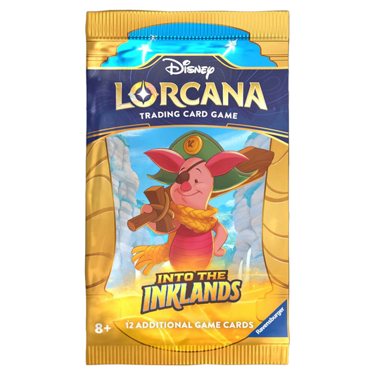 A Disney Lorcana Into the Inklands booster pack featuring Piglet as a pirate on the front.