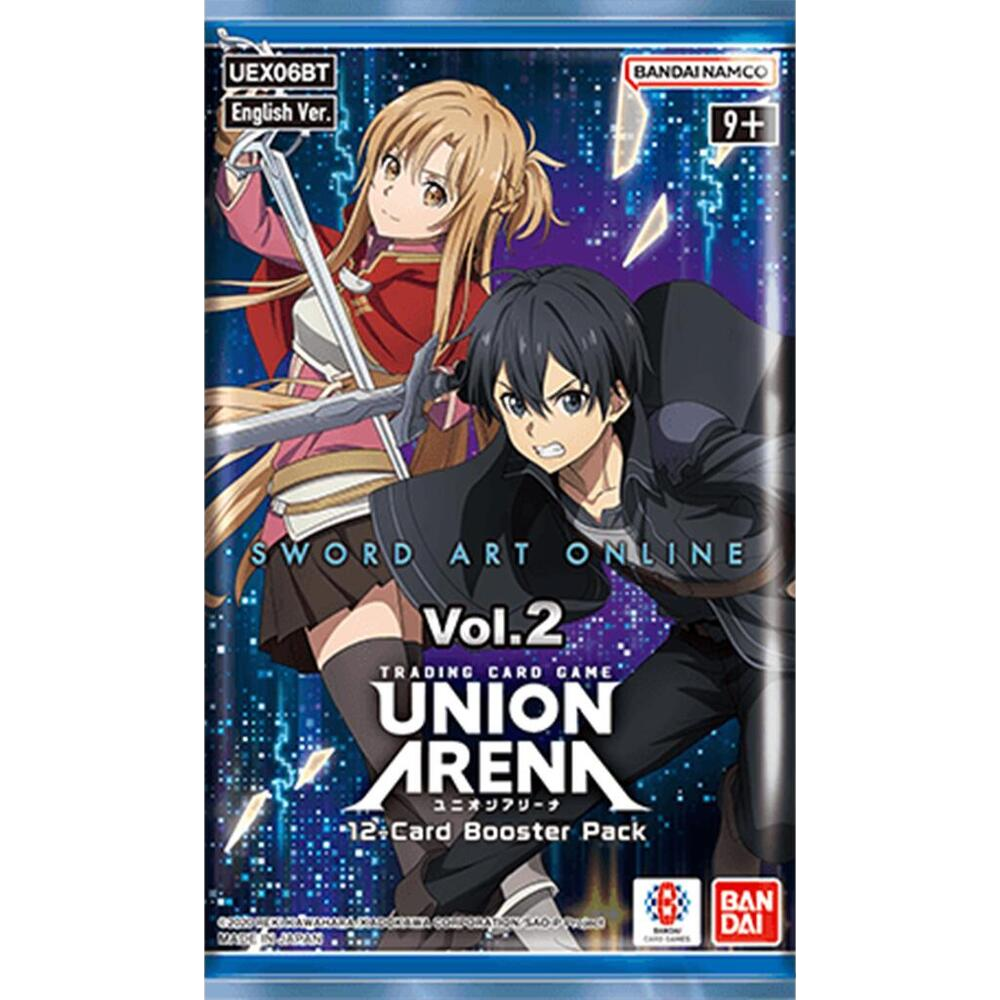 A Sword Art Online Vol. 2 Union Arena trading card game booster pack featuring Asuna and Kirito.
