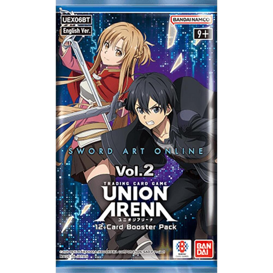 A Sword Art Online Vol. 2 Union Arena trading card game booster pack featuring Asuna and Kirito.
