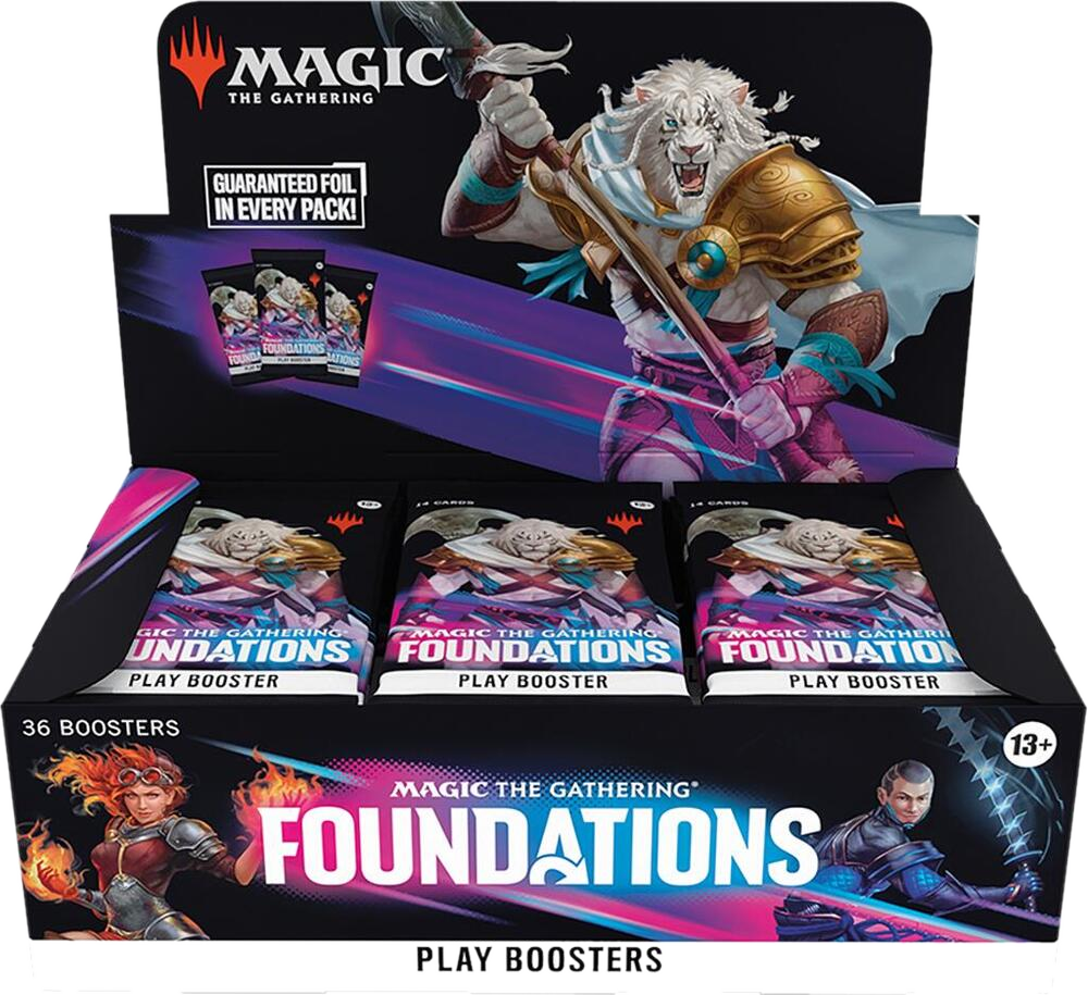 A Magic the Gathering Foundations Play Booster box containing 36 individual card packs.