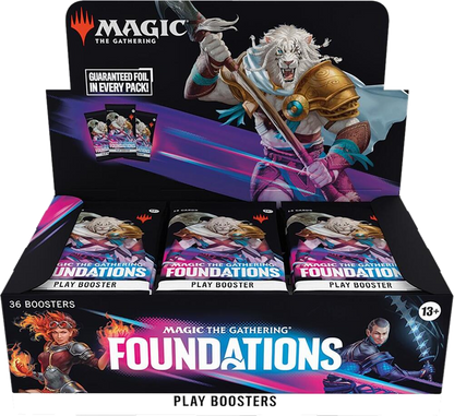 A Magic the Gathering Foundations Play Booster box containing 36 individual card packs.