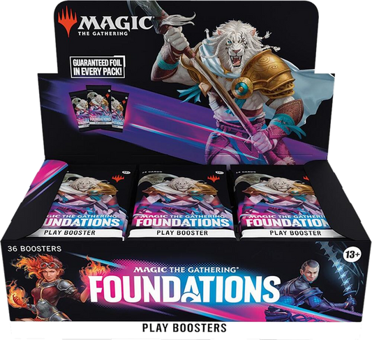 A Magic the Gathering Foundations Play Booster box containing 36 individual card packs.