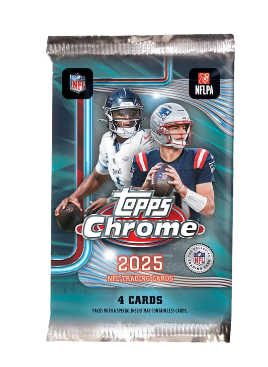 A 2025 Topps Chrome football trading card pack featuring two NFL players on the front.