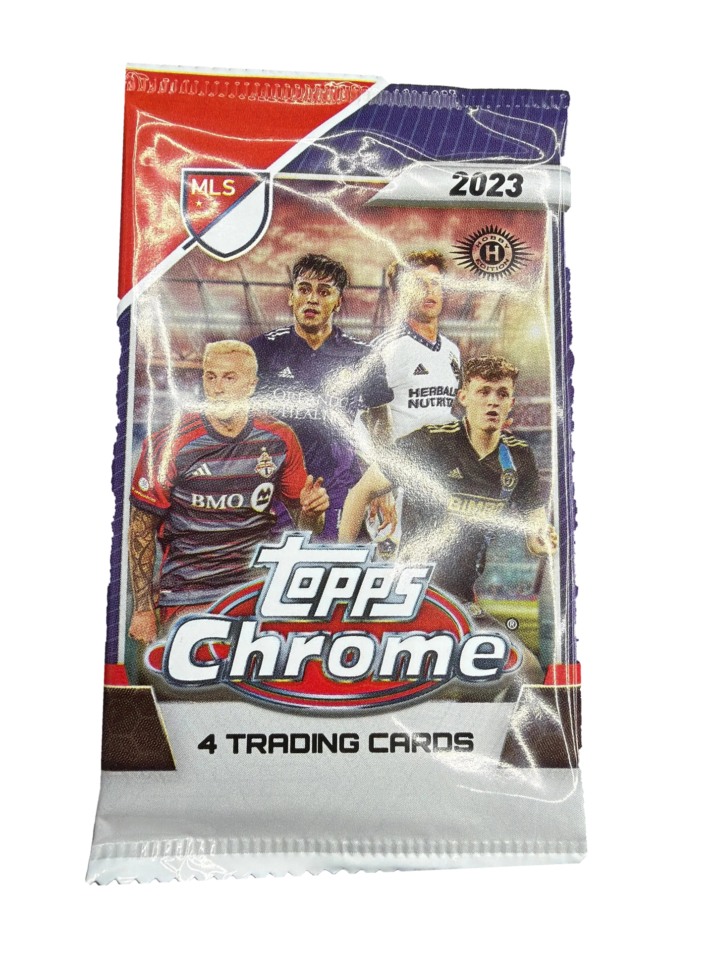 A 2023 Topps MLS Chrome hobby pack featuring four soccer trading cards.