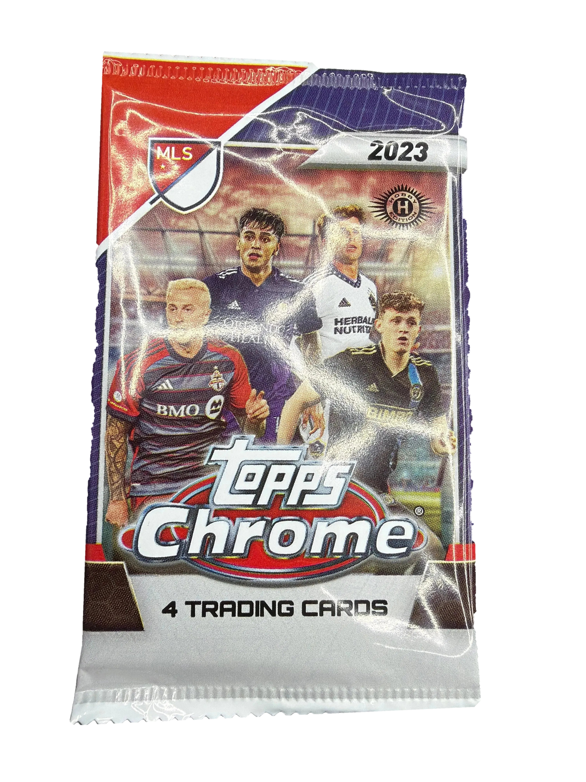A 2023 Topps MLS Chrome hobby pack featuring four soccer trading cards.